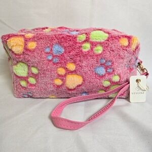 Styline Paw Print Faux Fur Wristlet Pouch Removeable Strap, Pink, New
